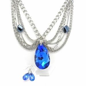 Blue Crystal Necklace Glass Tear Drop Dramatically Fun